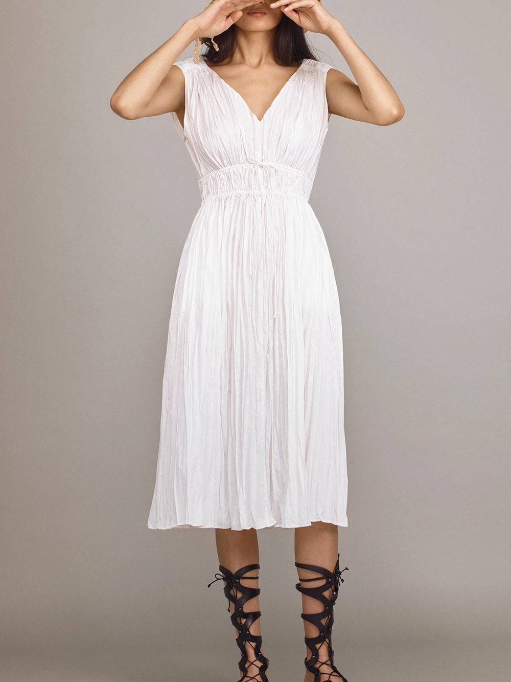 Rebecca Taylor White V-Neck Midi Dress - Lightweight Pleated Summer Dress